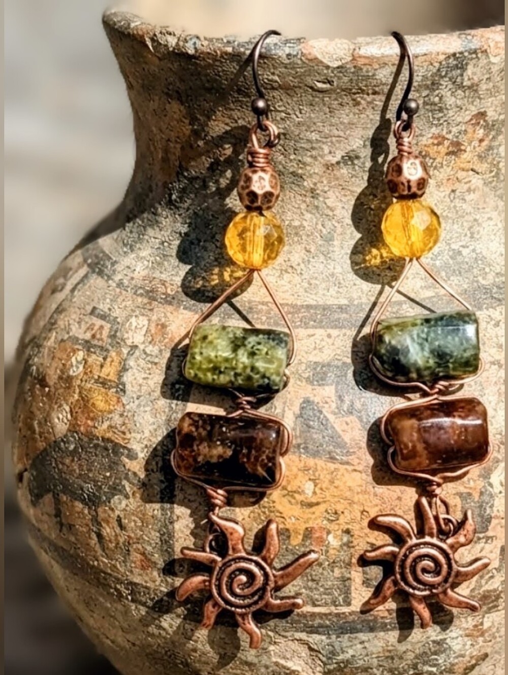 Nile Priestess' Sacred Green & Brown Garnets In Antique Copper Artisan Earrings
